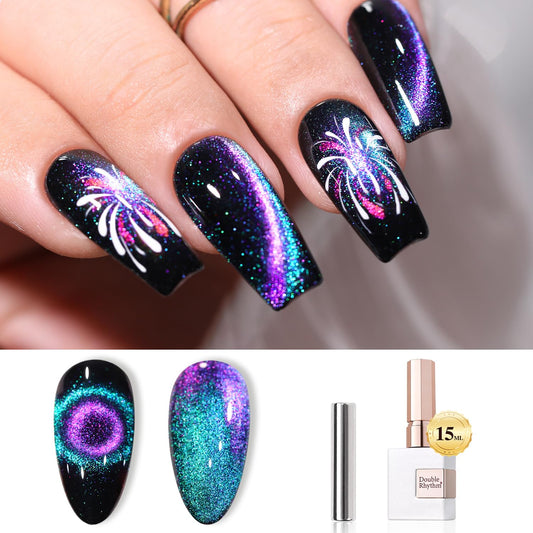 Double Rhythm Jelly Glass Cat Eye Gel Polish with Magnet 15ML Holographic Glitter Shimmer Translucent Sheer Color Magnetic Nail Polish Salon DIY at Home (Blue Purple-MC1049)