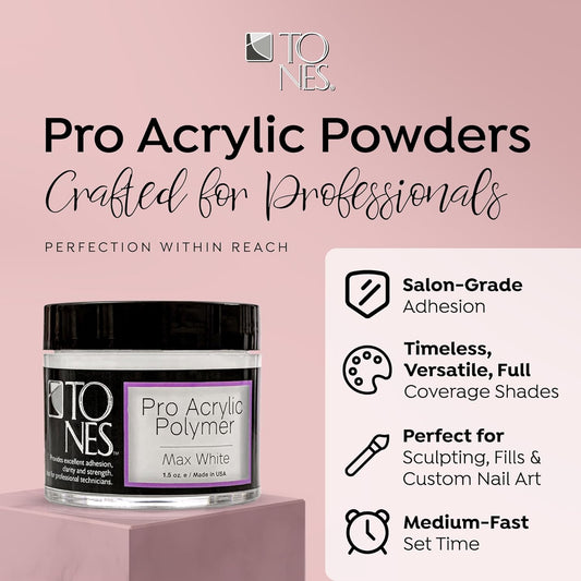 Tones Pro Acrylic Nail Powder, Max White (Creamy, Soft Off-White), (1.5 Fl Oz) - Long-Lasting & Non-Yellowing Polymer for Salon Quality Nail Extensions & 3D Art