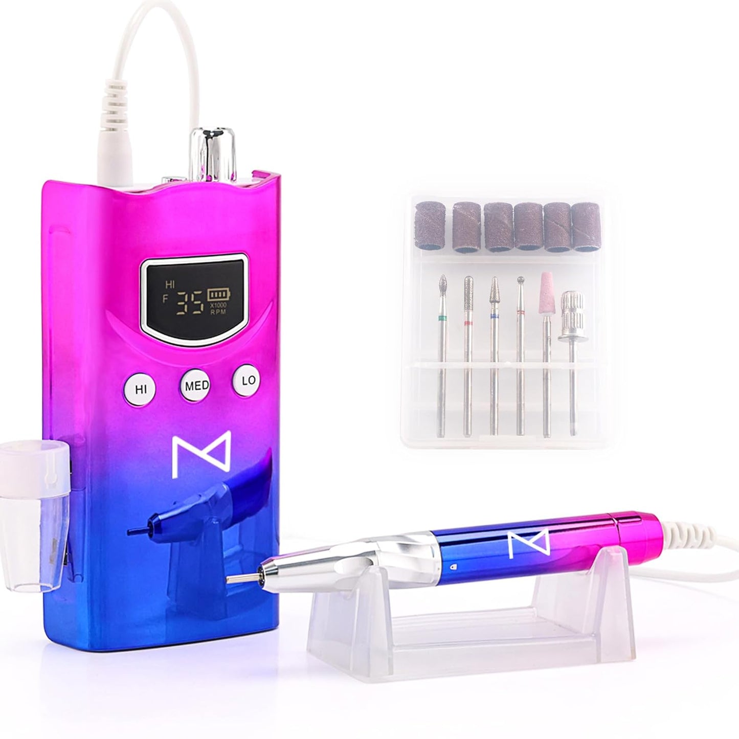 M GEM Brushless Nail Drill 35K RPM | Professional Cordless Efile Machine | Rechargeable Electric Nail File with Bits | Portable Quiet Low Vibration Tool for Acrylic, Gel, Natural Nails (Ombre Blue)