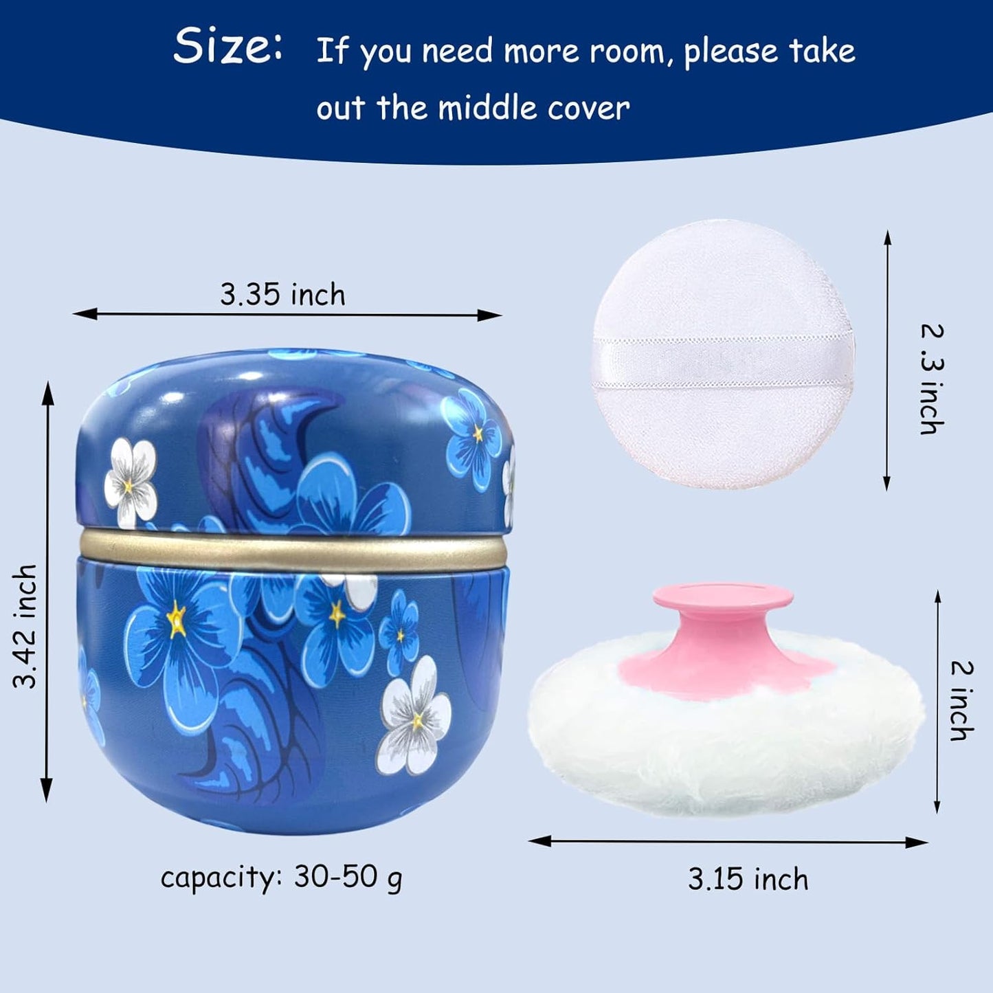 Body Powder Puff and Container for Dusting Powder, Women Powder Puff and Powder Case for Bath and Travel (Blue Season)