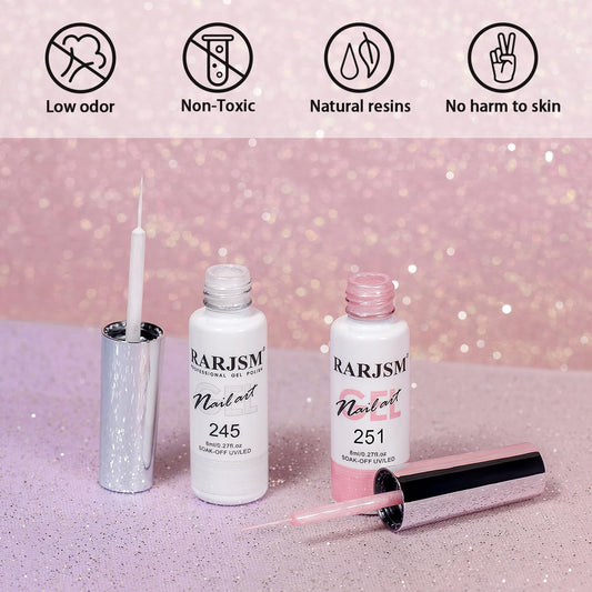 RARJSM Pearl Nail Art Gel Liner 2 Pcs Set Pearlescent Milky Silver White and Pink Shell Glitter Swirl Effect Gel Nail Polish 8ml Build in Thin Brush Painted Drawing Striper GelPolish Curing Requires