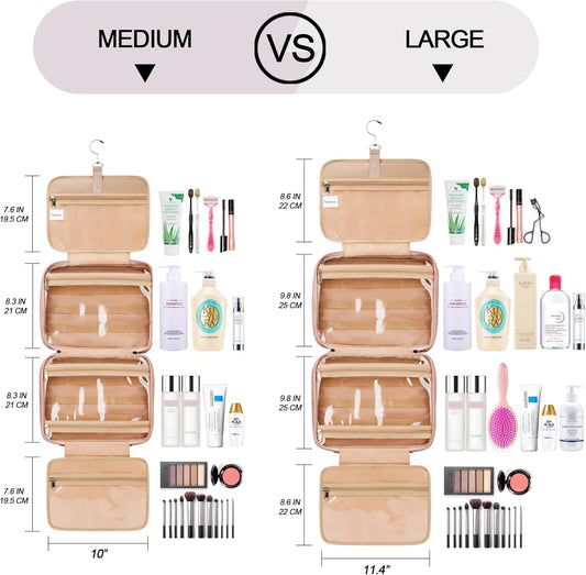 Travel Hanging Toiletry Bag for Women, with Jewelry Organizer Compartment, Medium Waterproof Hanging Makeup Accessories, Cosmetic Essentials, Toiletries Dopp Kit Set with Trolley Belt, Baby Pink