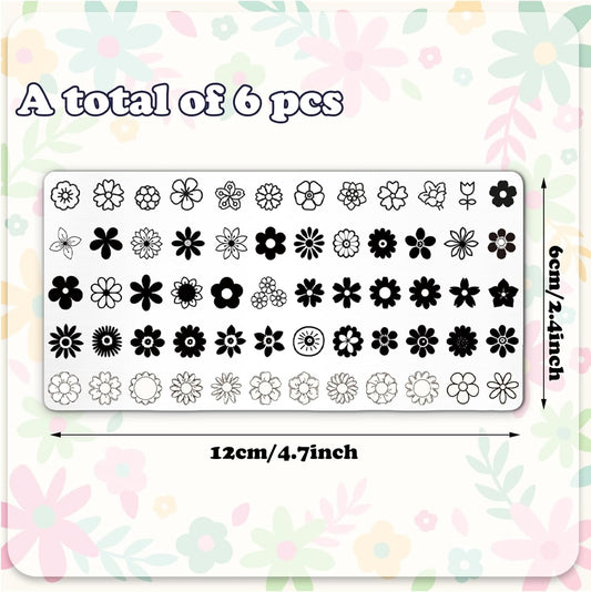 Whaline 6Pcs Simple Floral Nail Plates Stamping Set Flower Leaves Stamp Templates Nail Art Plates for DIY Print Manicure Salon Design Gift