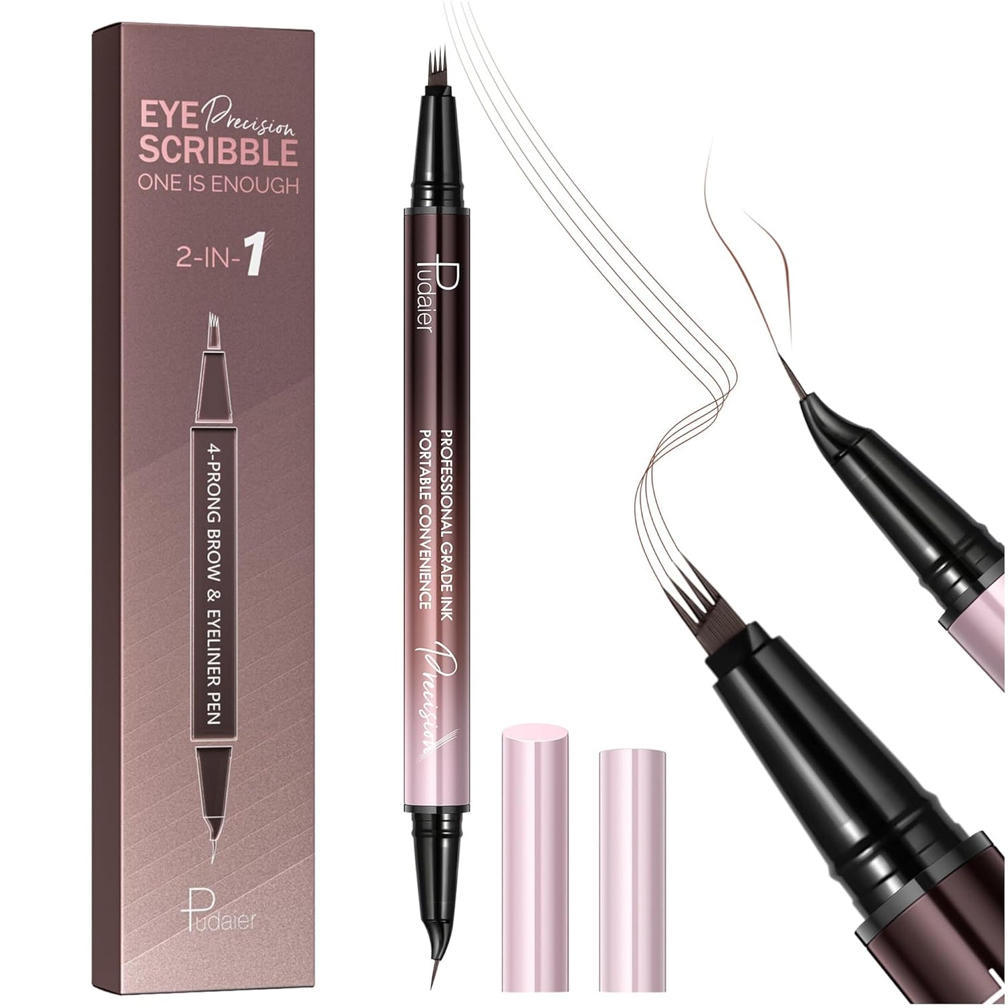 Eyebrow Pen, Waterproof Microblading Eyebrow Pencil, 2-in-1 Dual-Ended 4 Tip Eye Brow Makeup Pen for Women with Precise Curved Brush-Tip Create Natural Hair-Like Brows, Last All-Day (Natural Brown)