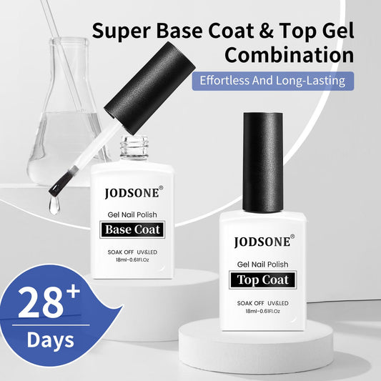 JODSONE 2 Bottles 18ml Top Coat Base Coat Gel Polish Set Compatible for Nail Salon Bright Surface, Girl Gift and At Home DIY Need U V Lamp Curing