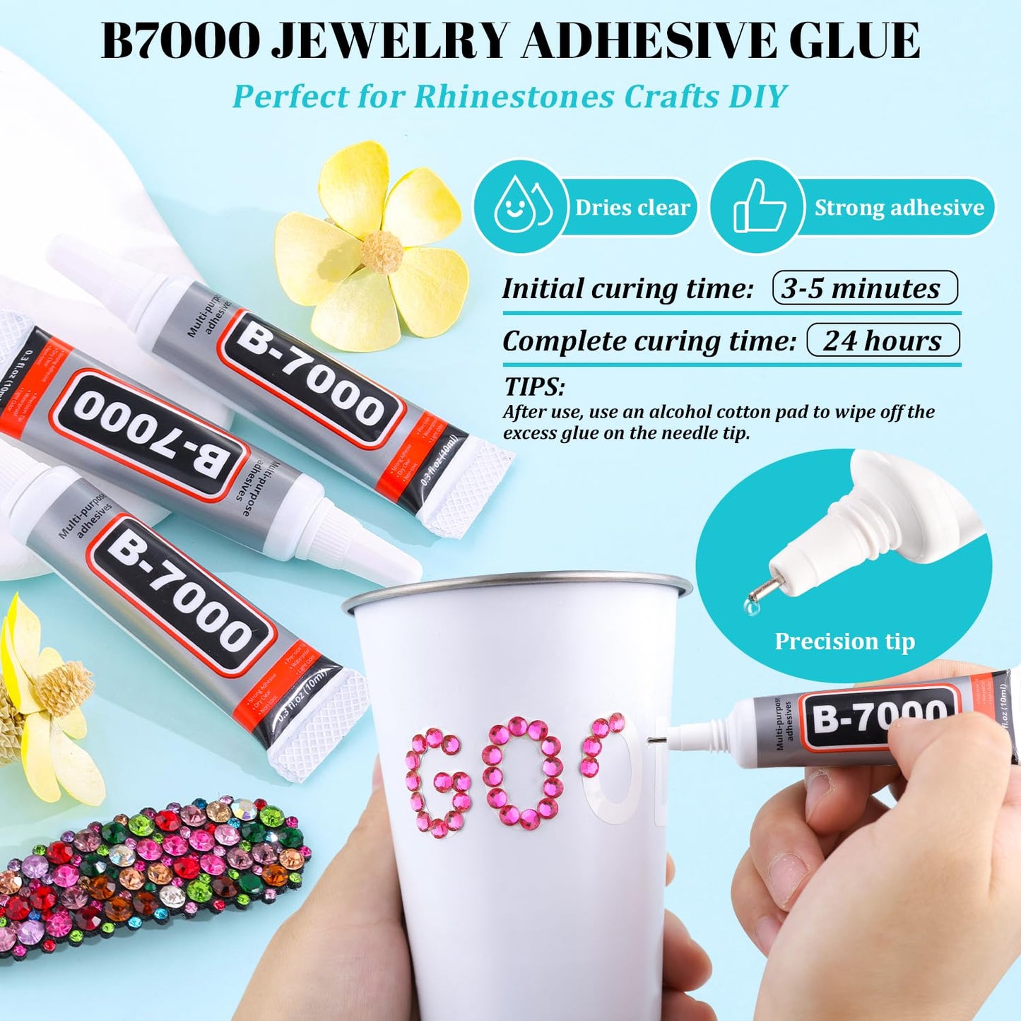 6100Pcs Resin Rhinestones for Crafting with 2Pcs 10ml B7000 Jewelry Glue, 1 Box Flatback Crystals Diamond (Hot Pink) for Bedazzling Crafts DIY Nail Art Non Hotfix Gems for Clothing Shoes