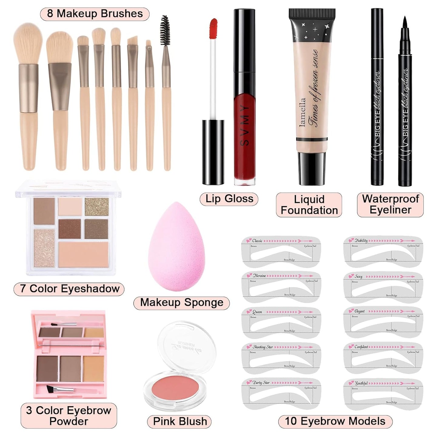 Makeup Kit for Teens Girls, Makeup Present Set for Women, Makeup Full Kit for Beginners, Mini Makeup Bundle Include 7 Latte colors Matte & Shimmer Pigmented Eyeshadow Palette, Eyebrow Powder