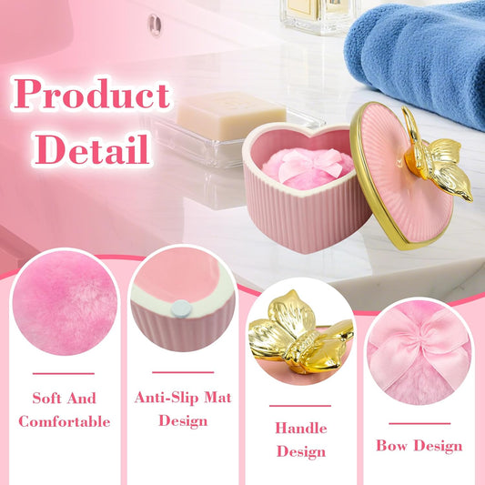 Large Body Powder Puff and Container, Ceramics Dusting Powder Container with 2 PCS Washable Heart Shaped Body Puff, Butterfly Dusting Case for Wet and Dry Makeup (Pink)