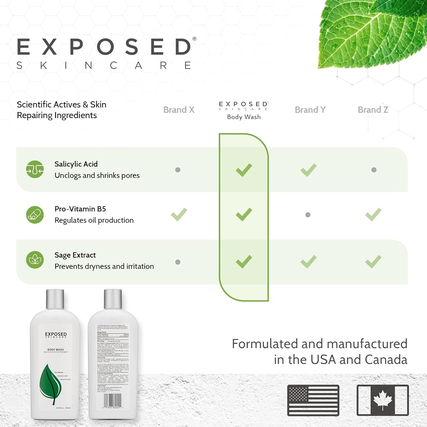 Exposed Skin Care Body Wash - Back and Body Acne Wash with Salicylic Acid and Tea Tree Oil – Exfoliating Bacne Treatment for Clearer, Healthier Skin – Body Cleanser for All Skin Types (12 fl oz)