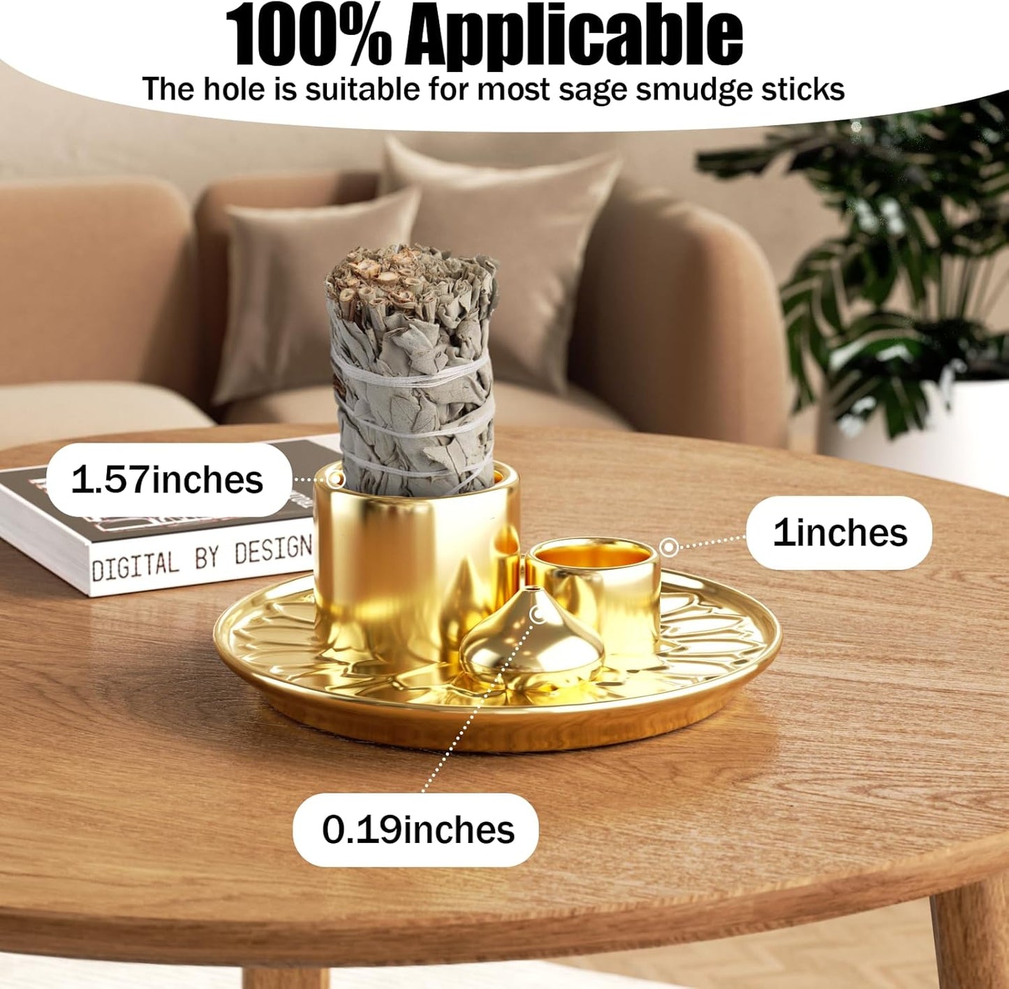 Palo Santo Holder - 4 in 1 Incense & Candle Holder - Ceramic Incense Holder Ash Catcher Tray for Meditation Room - Easy to Clean (Gold)