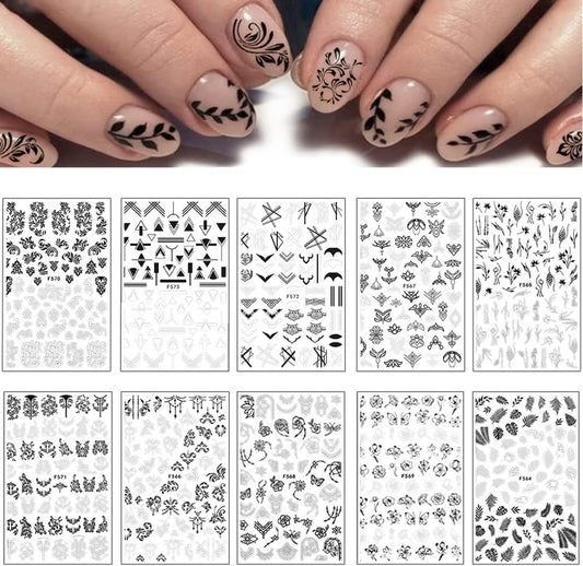 10 Sheets Black White Leaves Flower Nail Art Stickers 3D Self-Adhesive Retro Floral Vine Pattern Nail Decals Tropical Plants Mandala Leaf Geometry Transfer Decals Nail Art Decorations for Women Girls