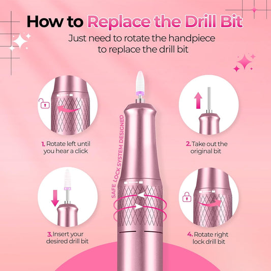 Nail Drill Electric File: 40000RPM Professional E File Kit E File Machine Filer for Shaping, Buffing, Removing Acrylic Gel Nails, Manicure Pedicure Kit with 12Pcs Nail Bits, Home Salon Use