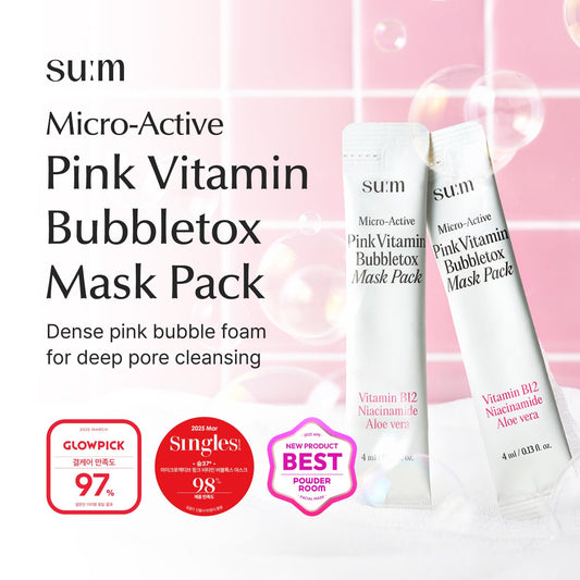SU:M Micro-Active Pink Vitamin Bubbletox Mask Pack (0.13 fl oz x 14ea) - Korean Skincare – Deep pore cleansing, hydration with Fermented Pink Vitamin 12, Hibiscus, Kaolin & Bentonite