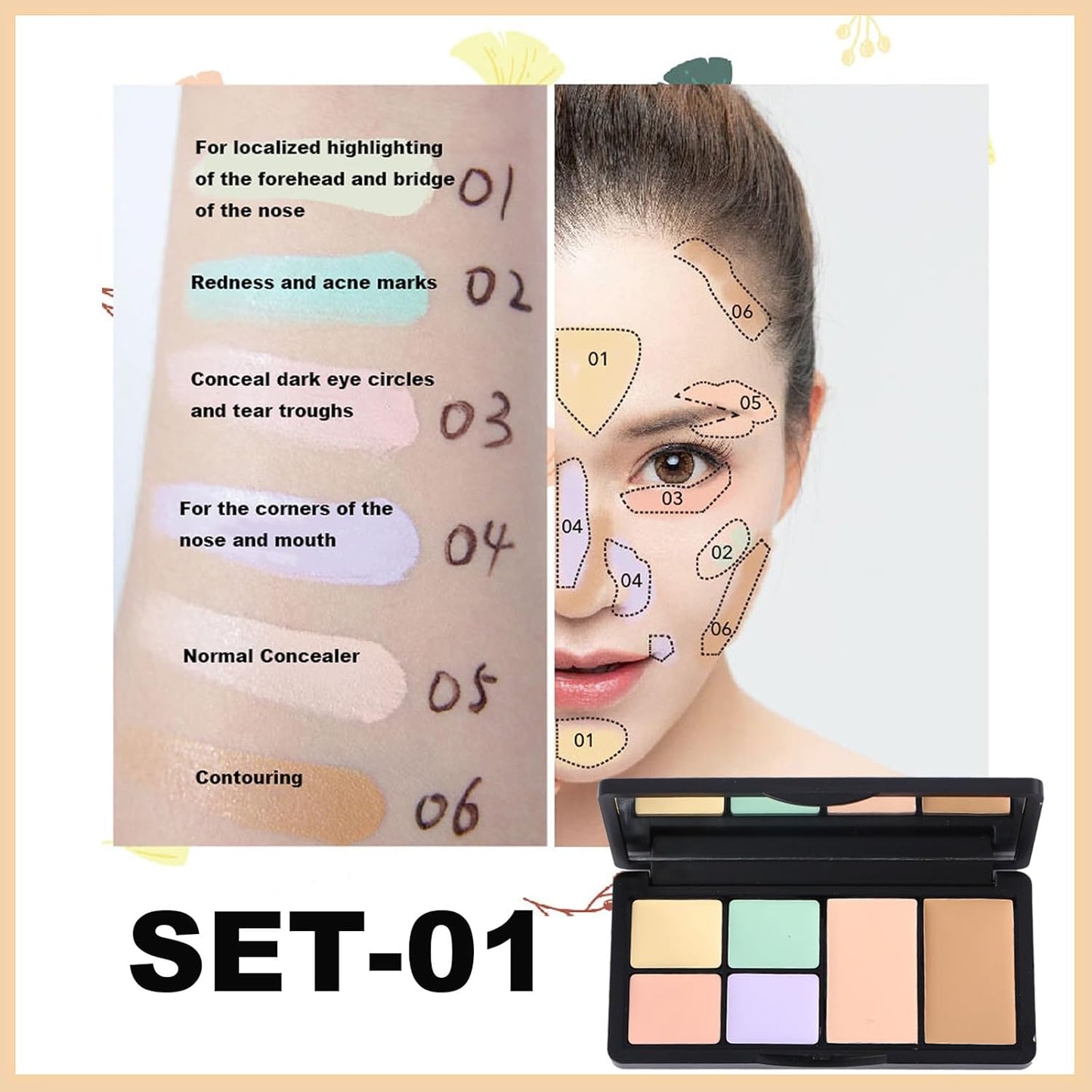6 Colors Correcting Concealer Palette, 6 In 1 Contour Palette with 2 Packs Brush, Makeup Palette Contouring Foundation Color Corrector Palette, Color Corrector for Dark Circles, Blemish, Acne