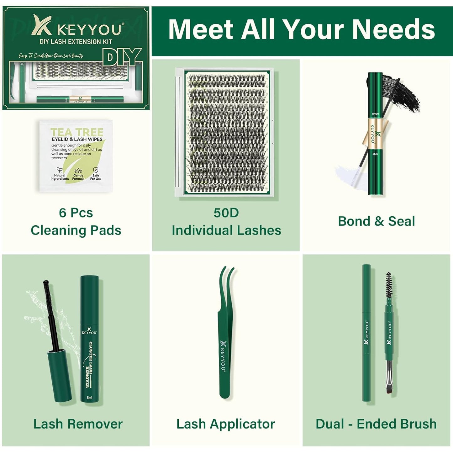 KEYYOU Lash Extension Kit DIY 300Pcs Lash Clusters Eyelash Extension Kit 50D D Curl 9-18MIX Lash Clusters Kit with Lash Glue Remover Applicator Easy to Use for Beginners(Kit,50D-D,9-18MIX)