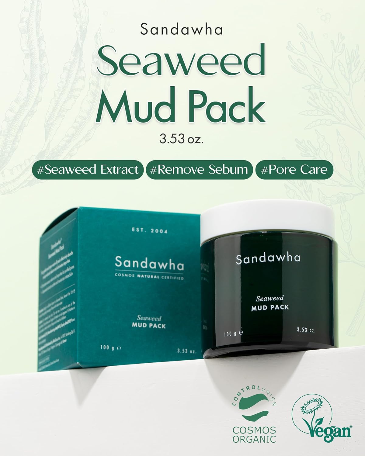 SKINCURE Vegan Seaweed Mud Mask, Korean skincare Blackhead Remover Clay Mask for Pore Cleansing with Kaolin & Bentonite, Oil Control & Gentle Exfoliation, 3.5oz