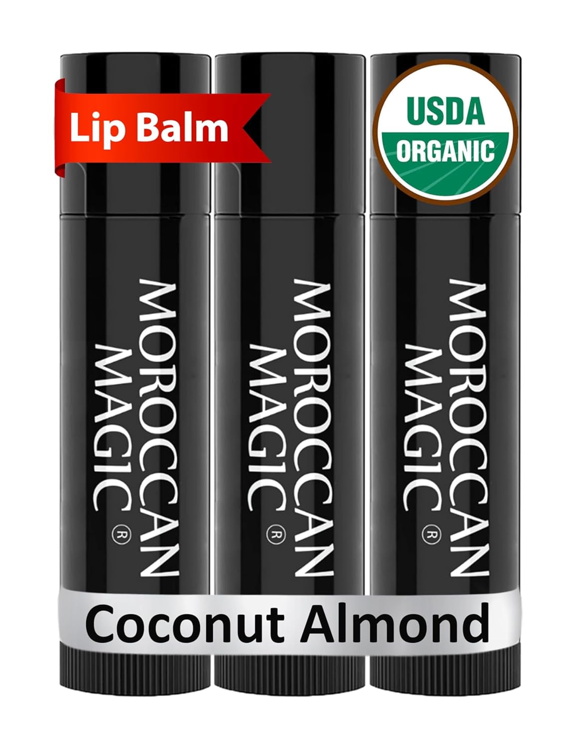 Moroccan Magic Organic Coconut Almond Lip Balm 3 Pack | Ultra-Hydrating Argan & Essential Oil Lip Moisturizer + Vitamin E | Natural Chapstick for Dry Lips | Smooth, Non-Toxic | Organic Lip Balm