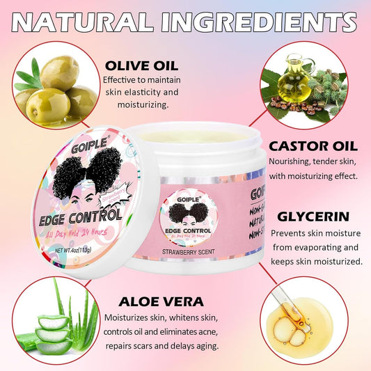Goiple Edge Control Wax for Women Strong Hold Non-greasy Edge Smoother Strawberry Scent Edge Control Wax + Edge Scarf + Hair Bonnet, Pink