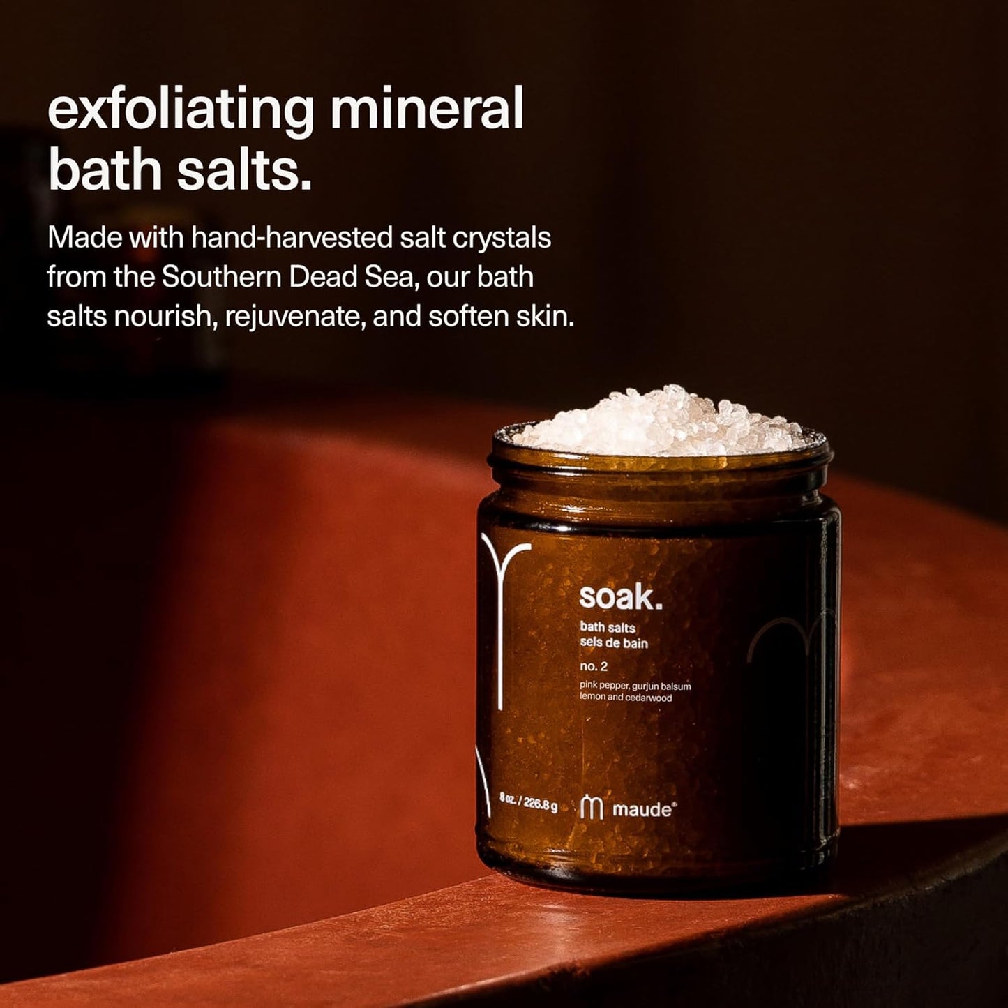 Maude Soak No. 2 - Nourishing Mineral Bath Salts - Hand-Harvested Dead Sea Salt with Magnesium & Potassium Chloride - Soften & Rejuvenate Skin - Notes of Pink Pepper & Lemon (8 oz)