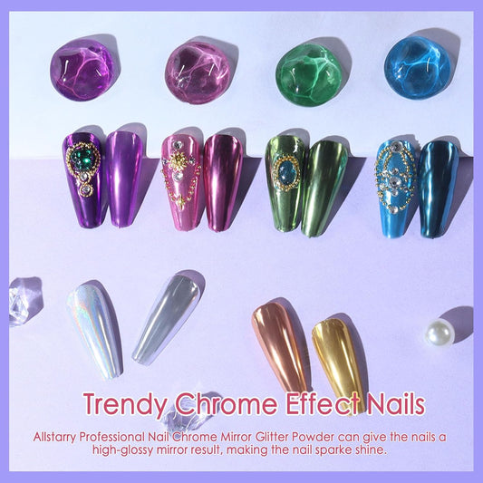 Allstarry Chrome Nail Powder Kit - 32 Colors Metallic Mirror Effect Holographic Manicure Pigment Glitter Powder for Nail Art Decoration Gel Polish with 32 Pcs Eyeshadow Sticks
