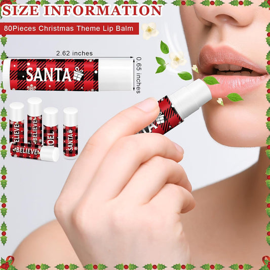 Sosation 80 Pcs Christmas Flavored Lip Balm Bulk Holiday Christmas Stocking Gift Set Celebrate Lip Balm Stick Beauty Lip Care