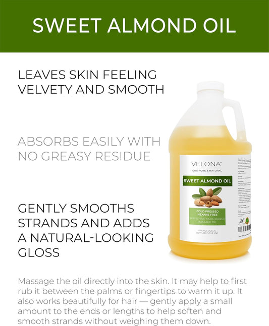 velona Sweet Almond Oil - 64 Fl Oz | 100% Pure and Natural Carrier Oil |Cold Pressed | Skin, Hair, Body & Face Moisturizing | Use Today - Enjoy Results…