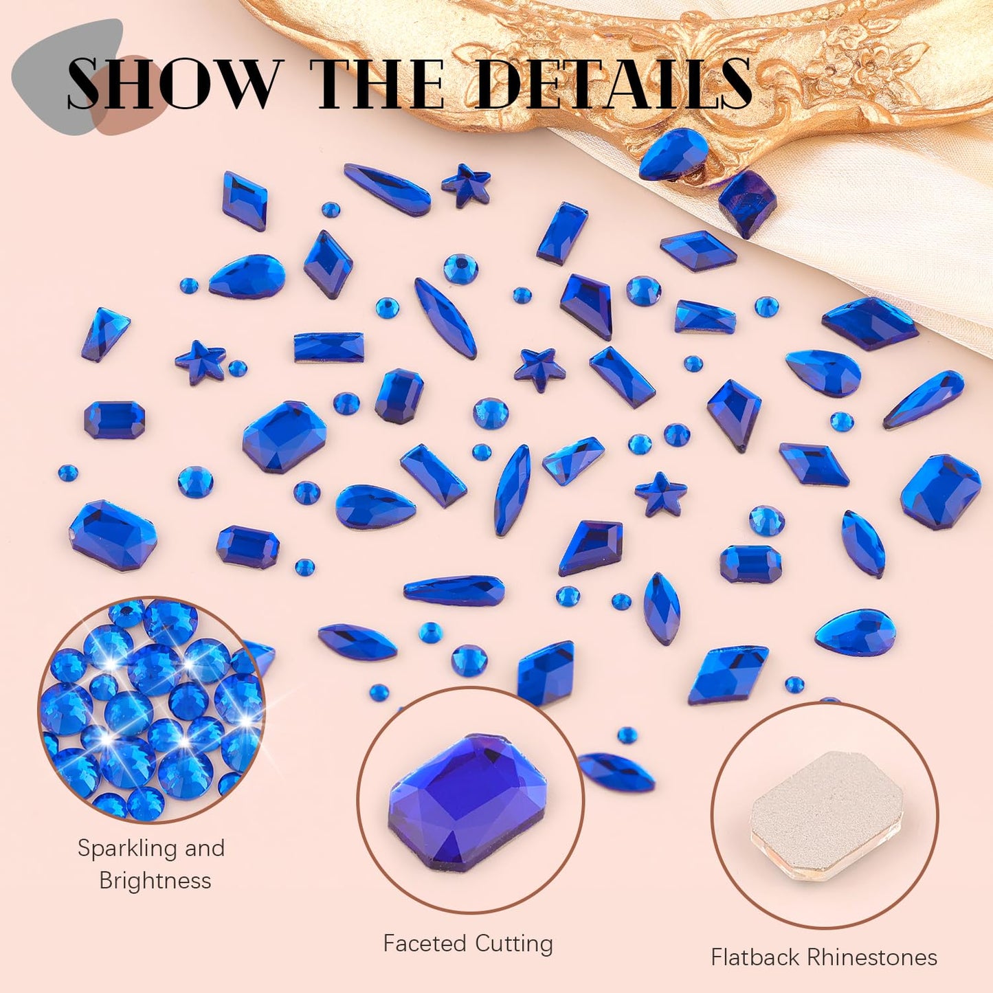 3220Pcs Royal Blue Glass Rhinestones 120Pcs Multi Shapes Flatback Gems + 3100Pcs 1.5-4mm Round Crystal With Glue Gel, Manicure Charms Diamond Gemstones for Nail Art