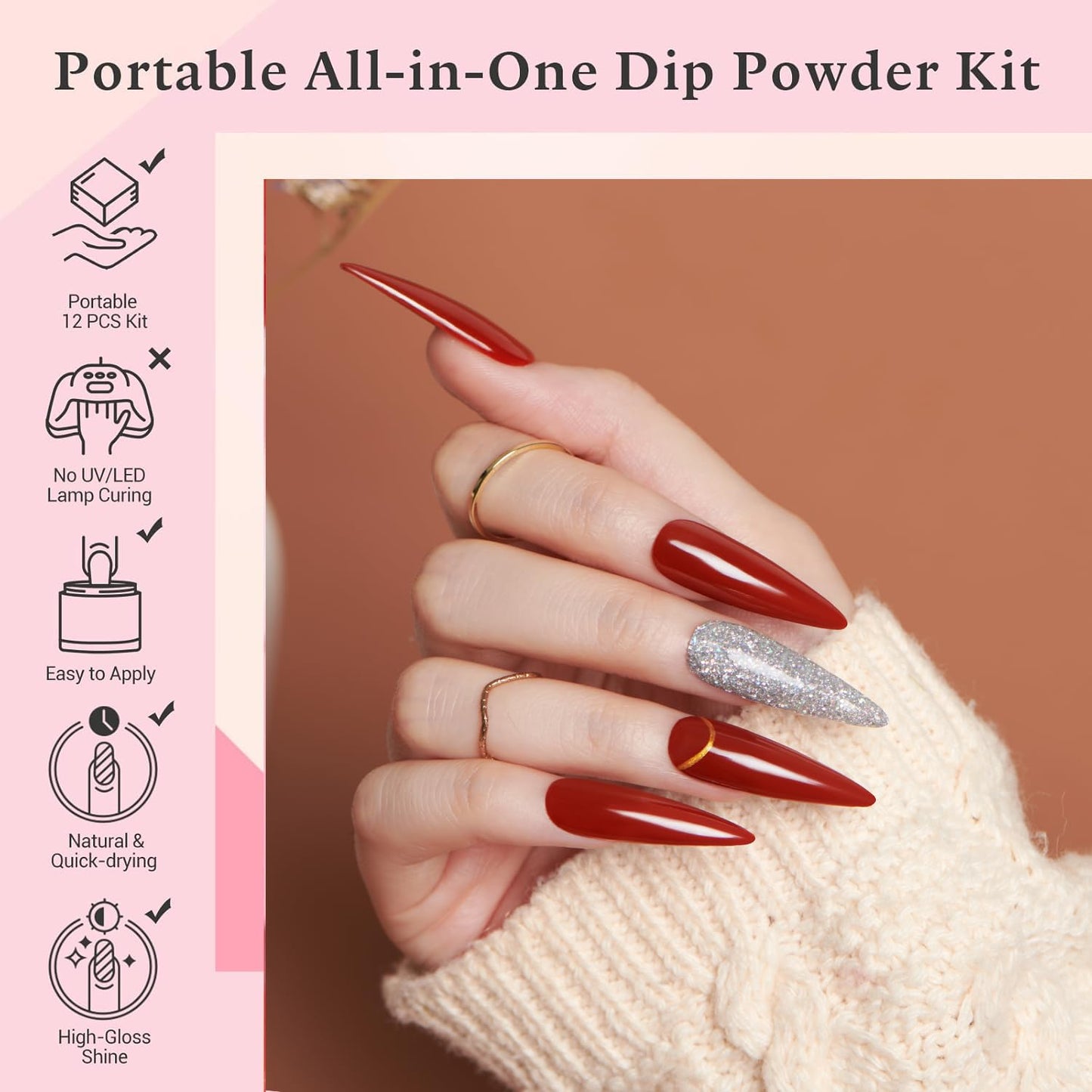 AZUREBEAUTY Dip Powder Nail Starter Kit Berry Red Milky White Silver Glitter, 4 Colors Dipping Powder Set, French Nail Art Base Top Coat Activator Essential Liquid Manicure No Lamp Needed Salon