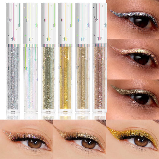 evpct 6Pcs Sparkle Glitter Liquid Eyeliner Eye Makeup Set, Metallic Liquid Eyeliner Waterproof Long-lasting, Liquid Glitter Eye liner in Multi Colors for Stunning Shimmery Eye Look, 02#