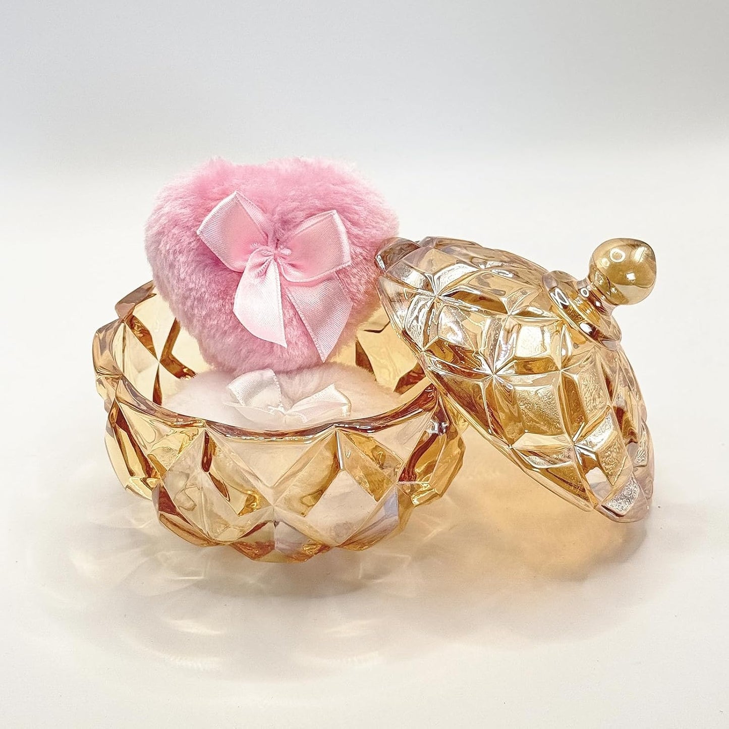 Body Powder Puff and Container - Glass Dusting Powder Container with 2 Soft Puffs Vintage Powder Puff Case for Women & Girls (3.94x3.94x4.53 H in) - GRB012-Amber