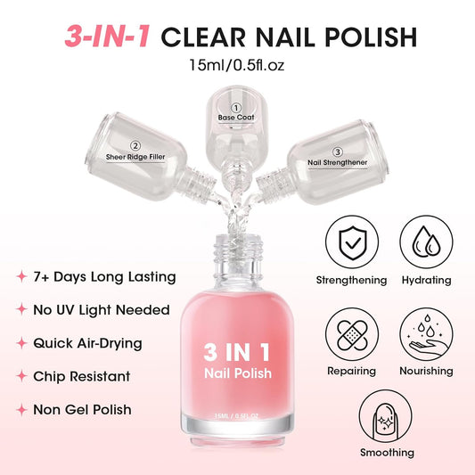 Gellen Tinted Pink Ridge Filler For Nails, Clear Nail Polish Ridge Filling Base Coat, Nail Strengthener and Growth, Hydrates Strengthenes Nourishes Damaged Dry Nails, Shea Butter & Vitamin E & Protein