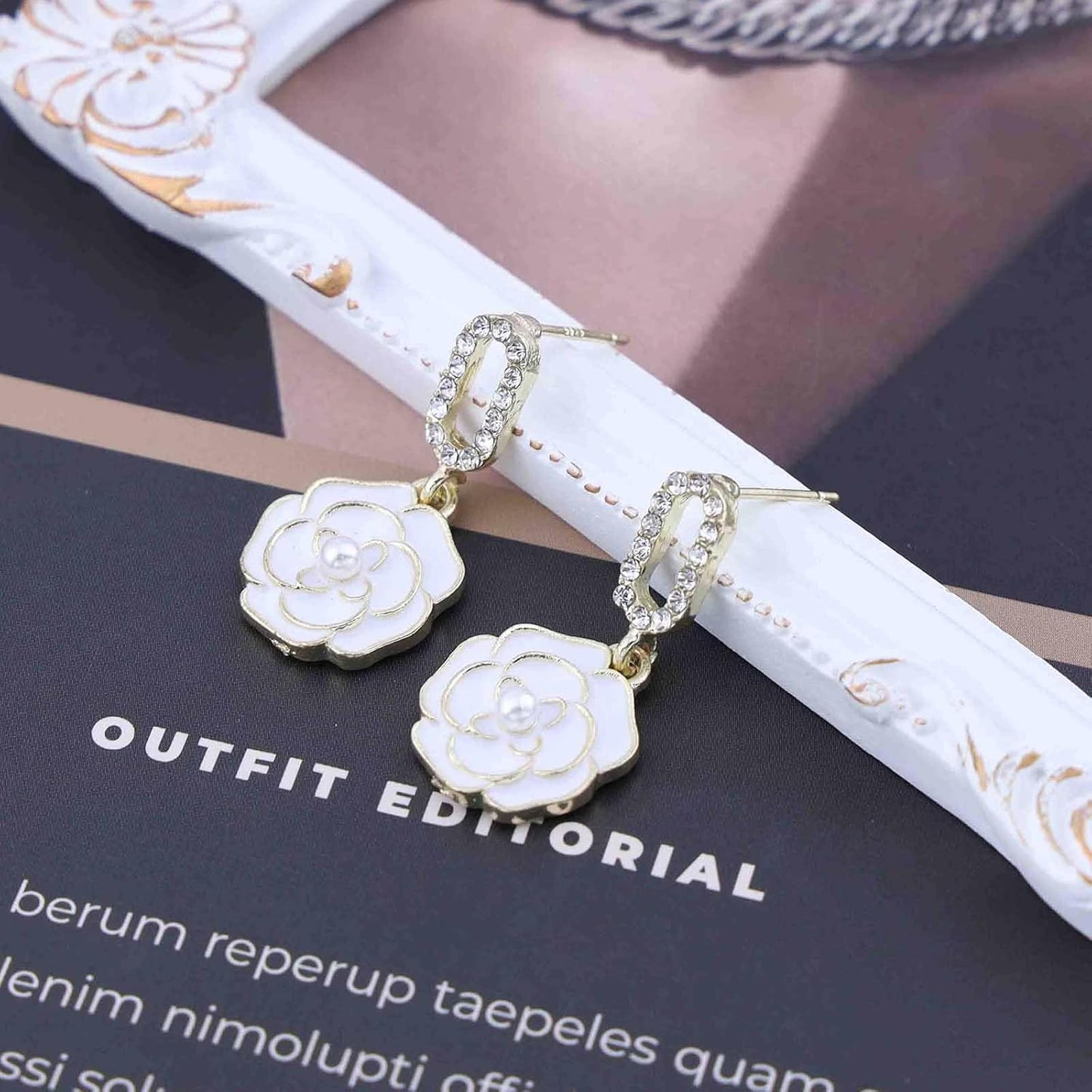 Vintage Black Crystal Flower Drop Earrings Black Flower Earrings Pearl Camellia Earrings Black Camellia Stud Earrings Jewelry for Women