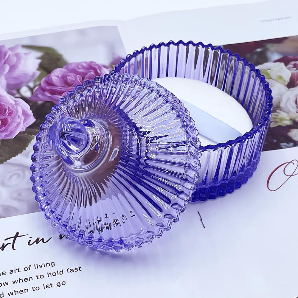 Ultra Soft Powder Puff and Container 3.3" High Density Velvet Dusting Washable Reusable Powder Puff,Body Powder Puff and Glass Jar Holder Loose Powder Box with Puff for Face Makeup(Purple)