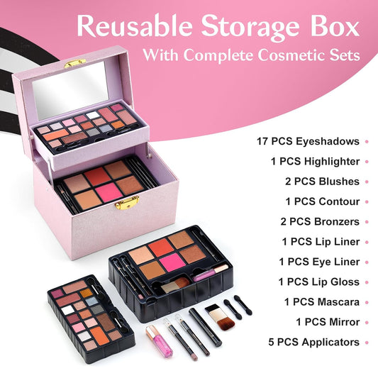 Color Nymph Beginner Makeup Kit For Teens, Girls Makeup kits With Recyclable And Key-Lockable Cabinet Included 17-Colors Eyeshadows Blushes Bronzer Highlighter Lipstick Brushes Mirror(Pink)