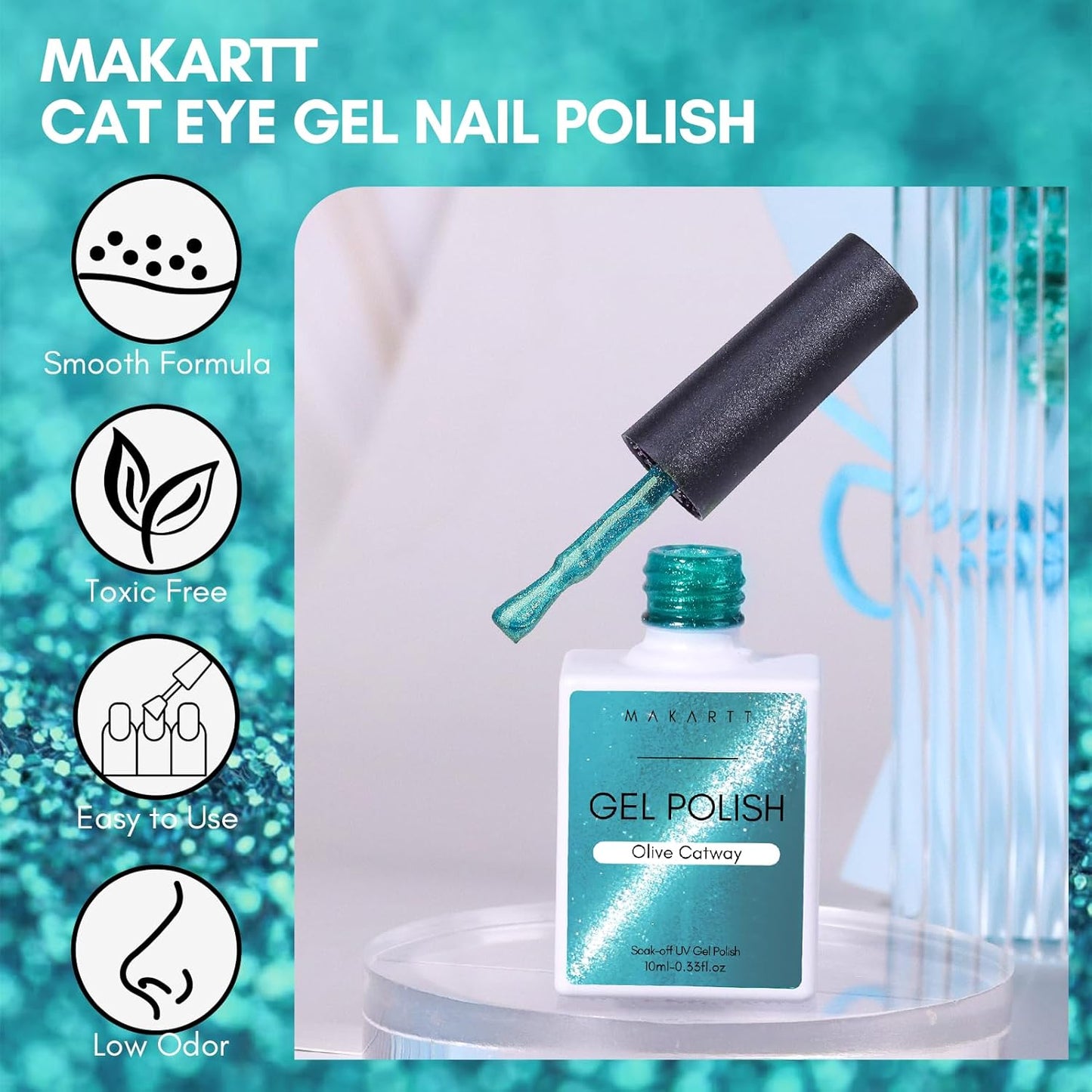 Makartt Cat Eye Gel Nail Polish: Reflective Glitter Gel with Magnet for Temperature Changing Magnetic Nails, Nail Polish UV/LED Light Cured, DIY Nail Art, Salon & Home Use(Olive Catway) 10ml