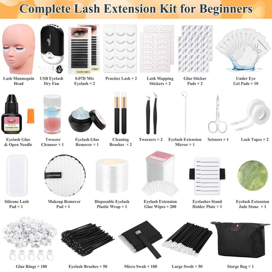 Lashes Kit for Eyelash Extension Beginner Lash Tech Starter Kit with Eye Lash Mannequin Head, Professional Eyelash Extension Kit with Lash Fan, Extension Glue and Eyelash Remover for Practice Training