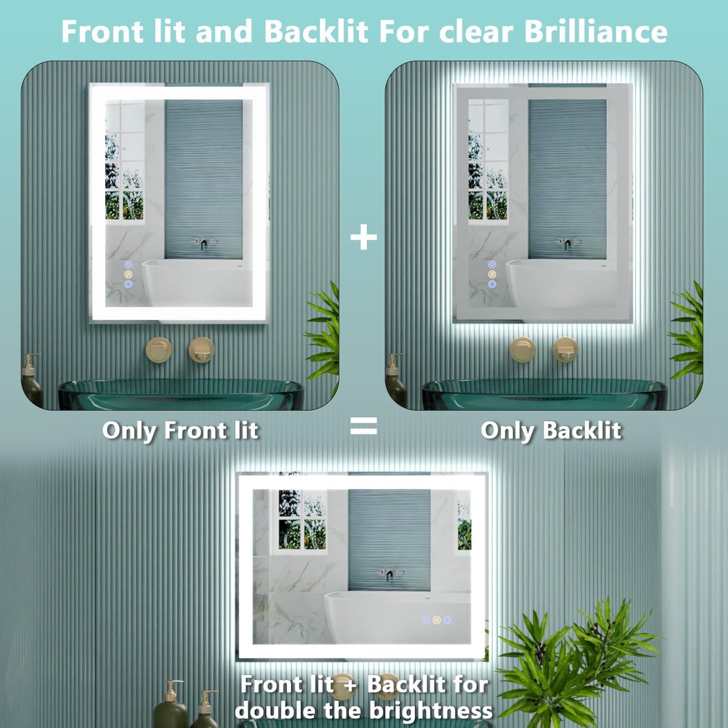 20"x 28" LED Bathroom Mirror, 3 Colors Vanity Mirror with Lights, Front and Backlit Bathroom Mirror with Lights, LED Smart Mirror for Bathroom, Tempered Glass, Anti-Fog, Stepless Dimmable, Memory
