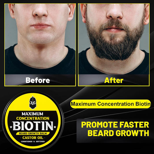 Beard Balm, Maximum Concentration BIOTIN, with Castor Oil and Argan & Jojoba Oils, Promotes Beard Growth, Styles, Strengthens & Softens Beards & Mustaches, 2 Ounce，Sandalwood