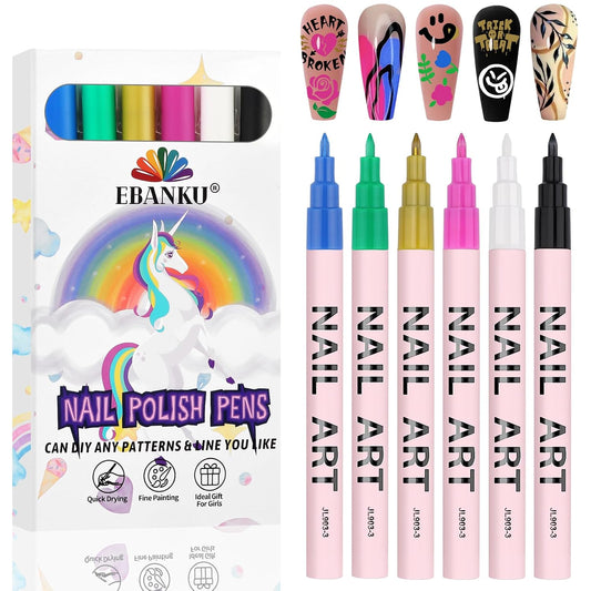 EBANKU Nail Art Pens Set, 6 Colors 0.7MM Nail Polish Pens Quick-Drying Nail Art Acrylic Paint Pen Point Dotting Liner Pen Nail Drawing Painting Manicure Tools for 3D Salon Home