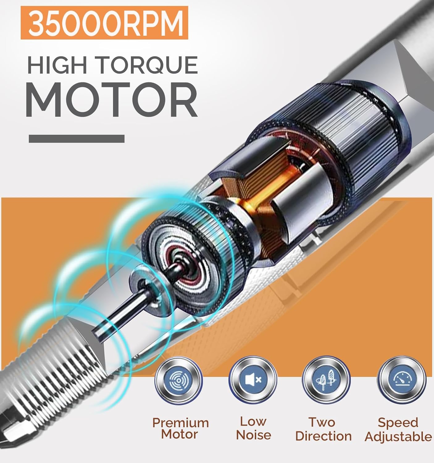 Professional Cordless Electric Nail Drill Kit – 35000 RPM Rechargeable E File with 10+ Hour Battery, 6-in-1 Bits – Portable Acrylic Gel Remover for Salon/Home,Drills para Uñas Professional