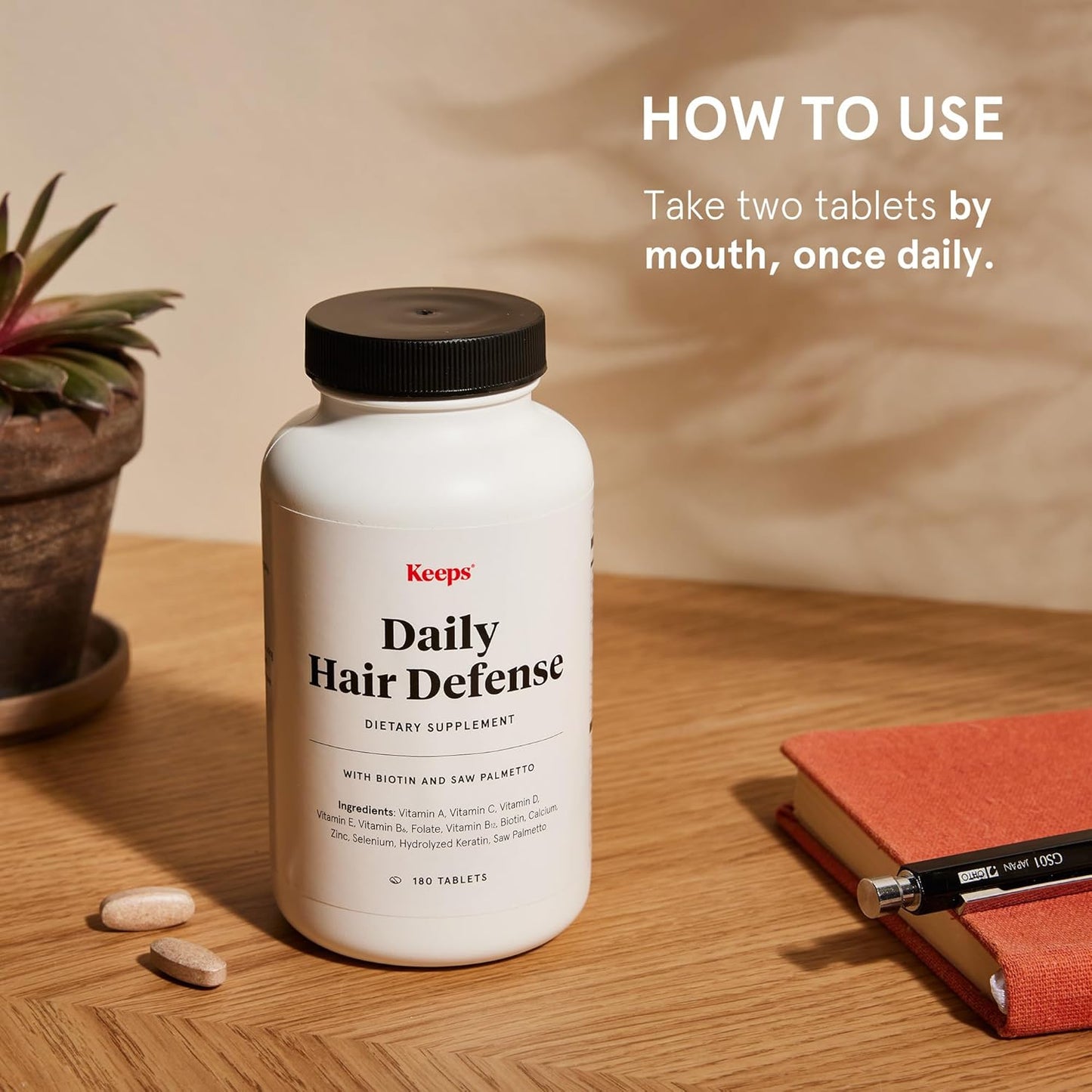 Keeps Daily Hair Supplement, 180 Tablets - Saw Palmetto Promotes Healthy Hair - Biotin, Vitamins A, B6, B12, C, D, Calcium, Selenium & Zinc - Men & Women - 3 Month Supply