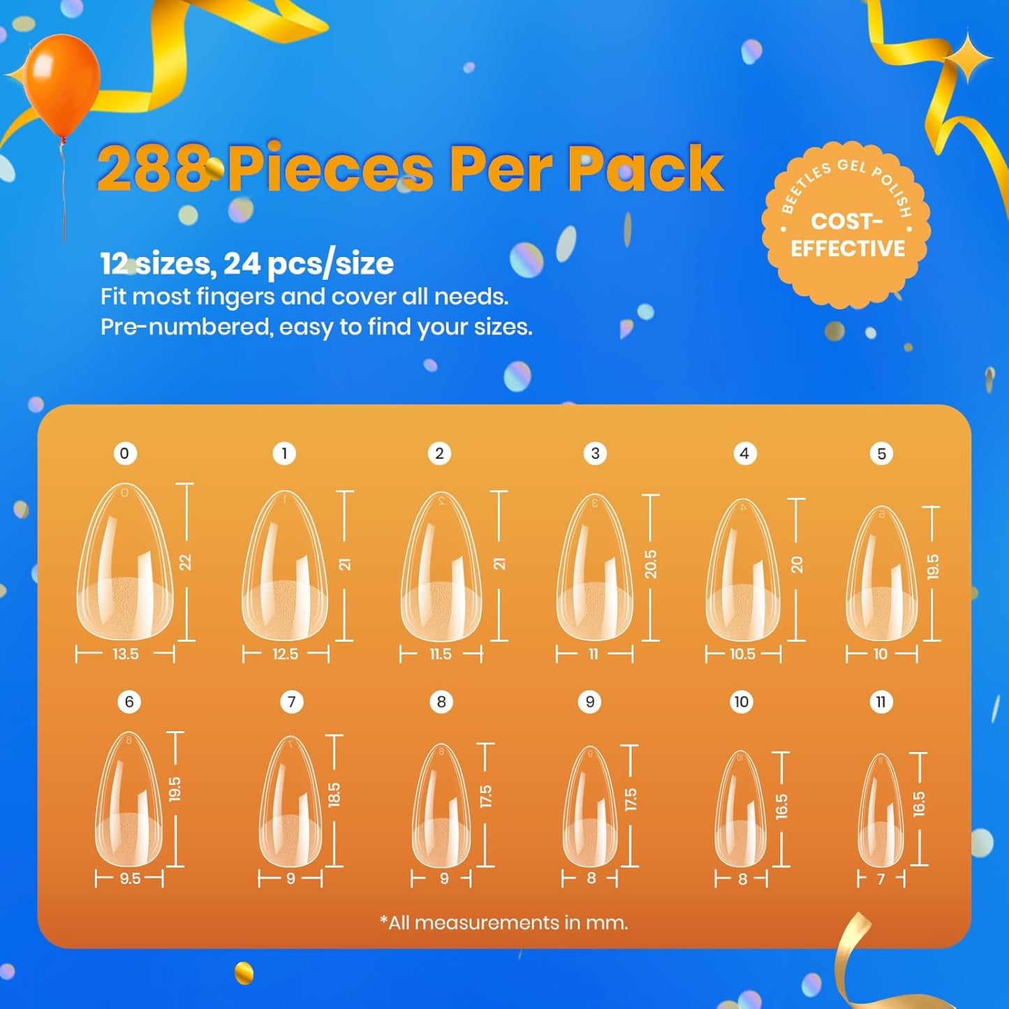 Beetles Short Almond Nail Tips: 12 Sizes 288 PCS Half Matte Full Cover Gel Tips Clear Acrylic Gel Nail Tips Almond Shape for DIY Extension