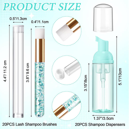 Zhehao 80 Pcs Lash Shampoo Bottle Brushes Kit 20 Foam Pump Dispensers 20 Lash Shampoo Brushes 20 Eyelash Aftercare Bag 20 Cleaning Pipes, Eyelash Extension Supplies(Green, Blue)