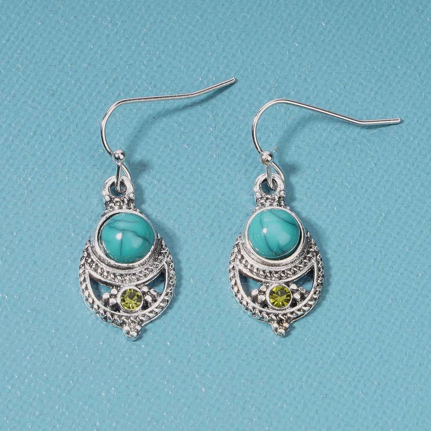 Boho Ethnic Turquoise Drop Earrings Silver Teardrop Turquoise Earrings Gemstone Hook Earrings Retro Drop Dangle Earrings Jewelry for Women and Girls