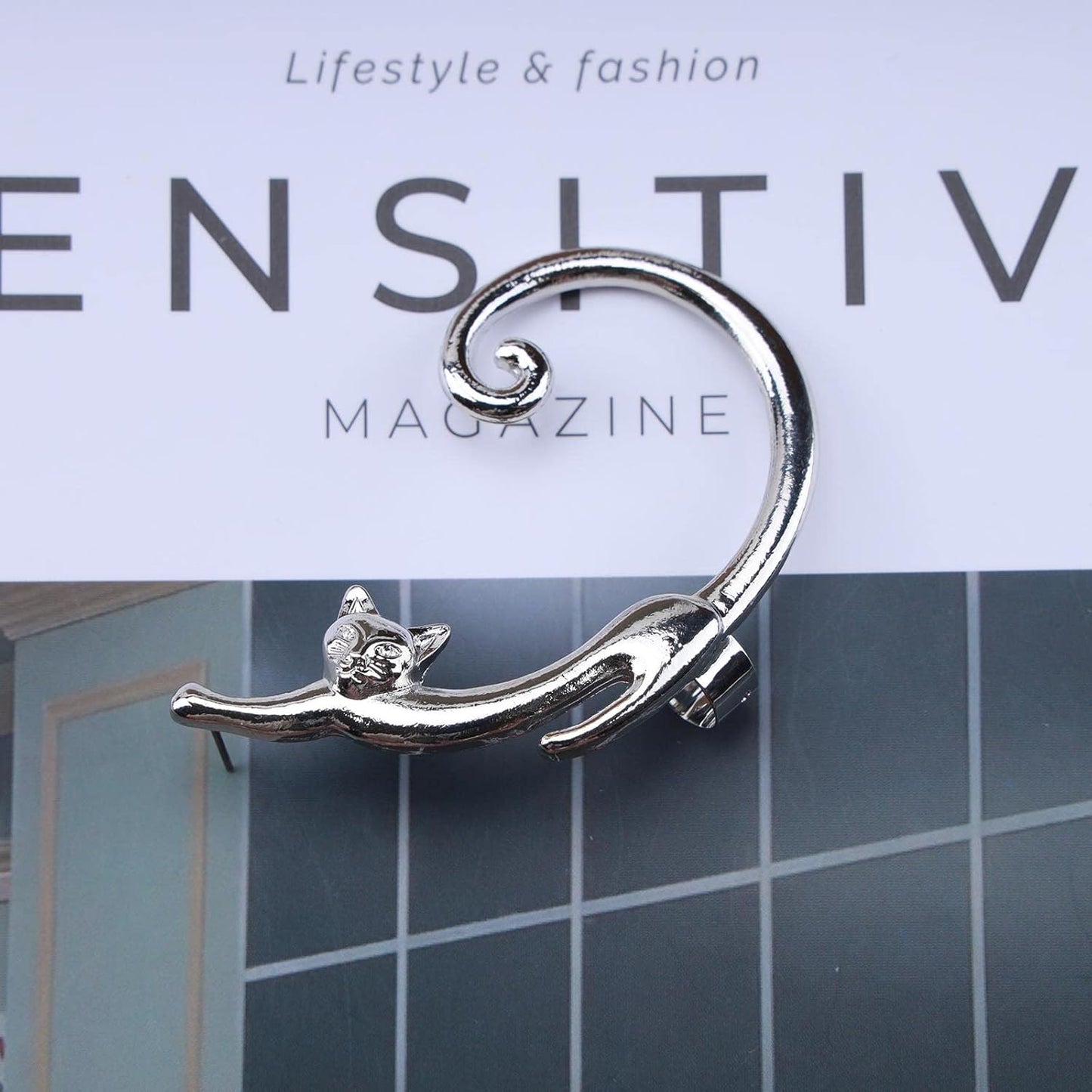 Boho Silver Cat Earrings Cat Ear Climber Earrings Long Cat Crawler Stud Earring Pet Cat Clip on Earrings Jewelry for Women and Girls