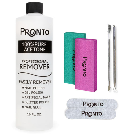 Pronto Pure Acetone 16 oz Nail Polish Remover Gel NailKit, Acrylic Nail Kit Including Cuticle pusher, Nail File, Nail Buffer, and Nail scraper- Ideal For Gel Nail Polish & Dip Powder Removal