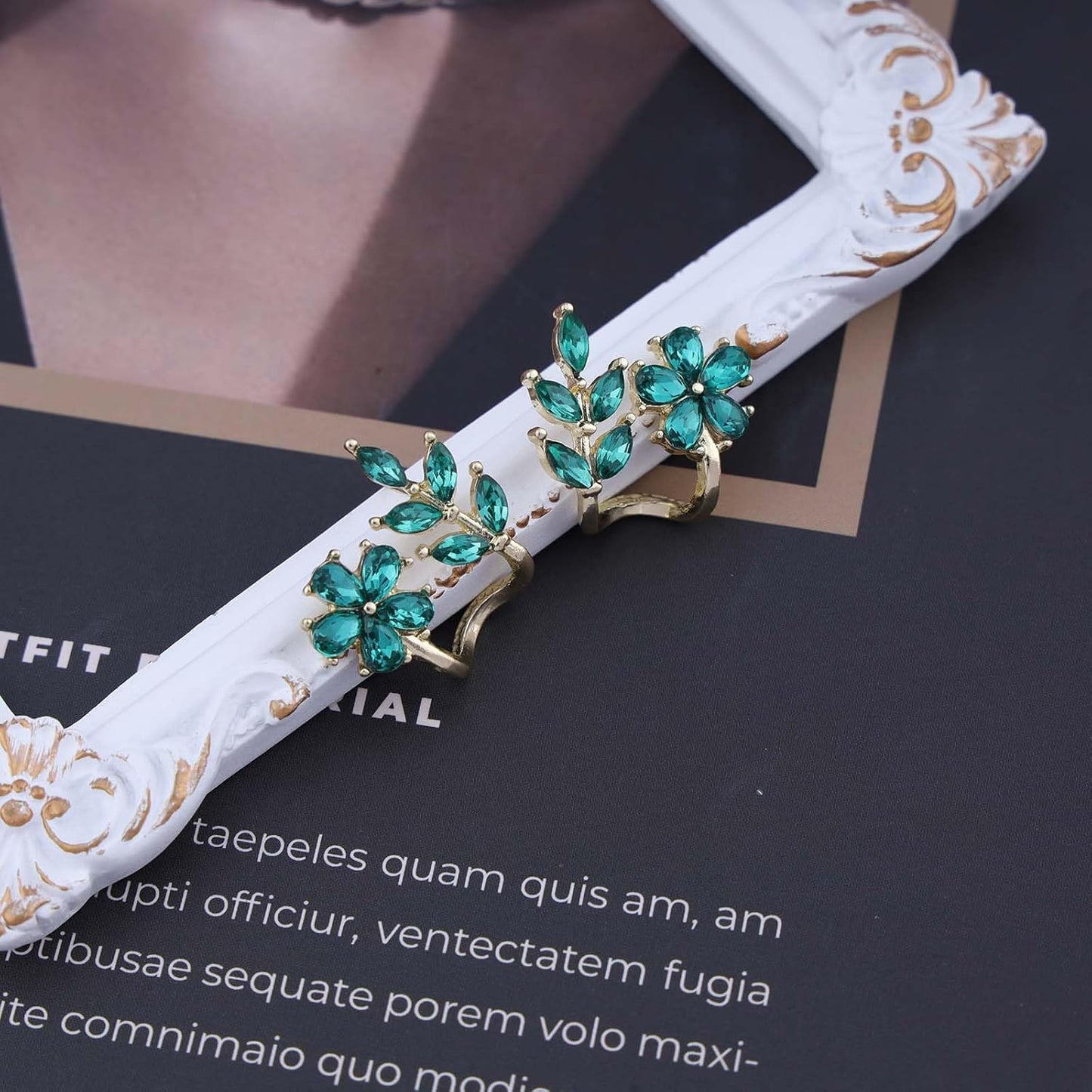 Vintage Emerald Flower Ear Cuff Earrings Green Crystal Flower Earrings Crystal Leaf Stud Earrings Emerald Leaf Earrings Jewelry for Women