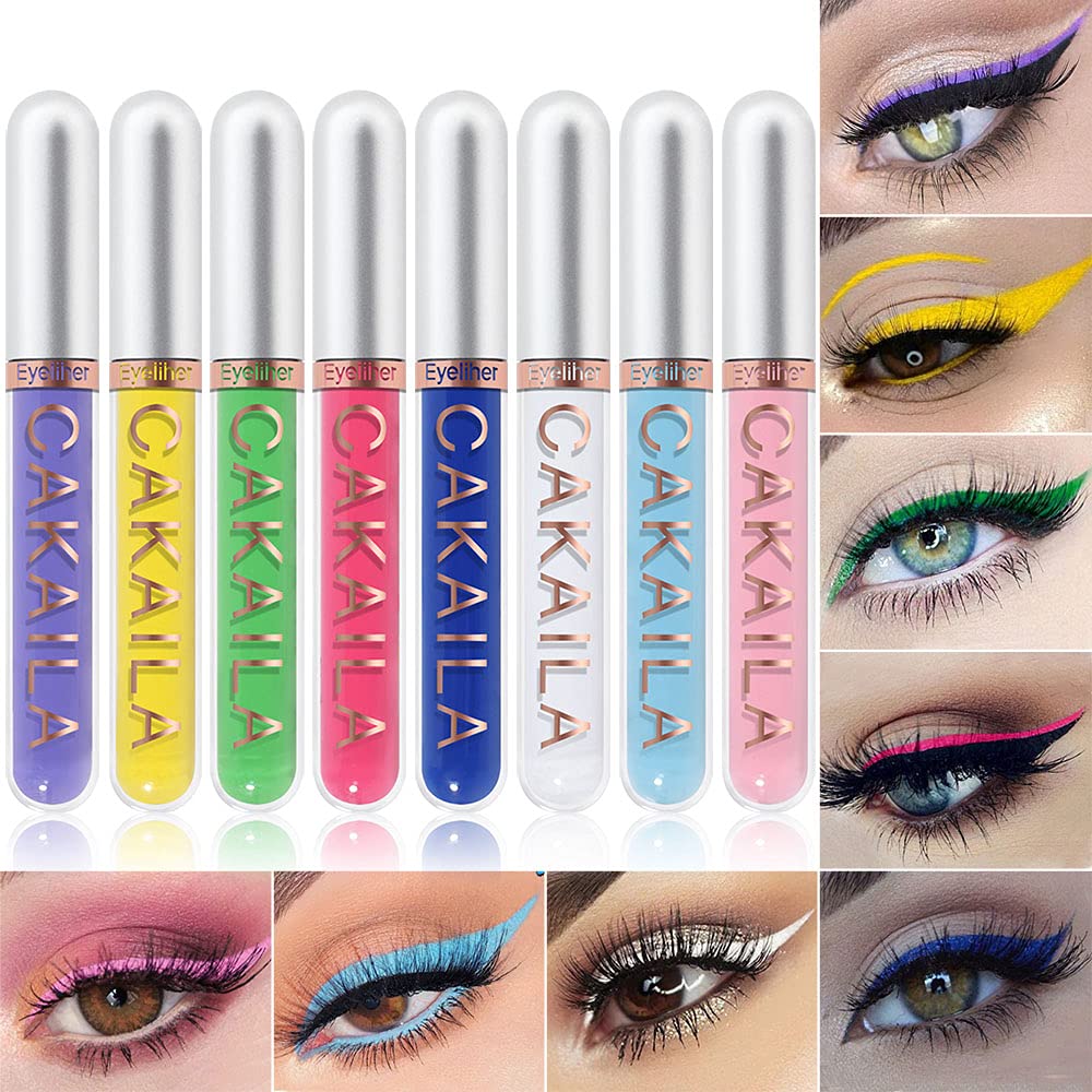 evpct 8 Colors Colored Colorful Matte Liquid Makeup Eyeliner Liquid Set Stamps Shapes for Eyes, Pink Red Yellow Blue Purple White Black Liquid Eyeliner Waterproof Color Eye Liners Pencil for Women 01