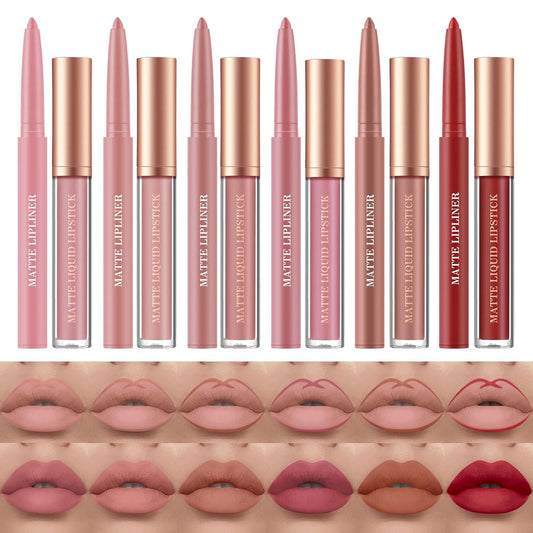 BestLand 12Pcs Matte Liquid Lipstick + Lip Liner Pens Set, One Step Lips Makeup Sets Pigment Velvety Nude Lip Stain Waterproof Long Wear Lip Gloss Make up Gift Set (Set C)