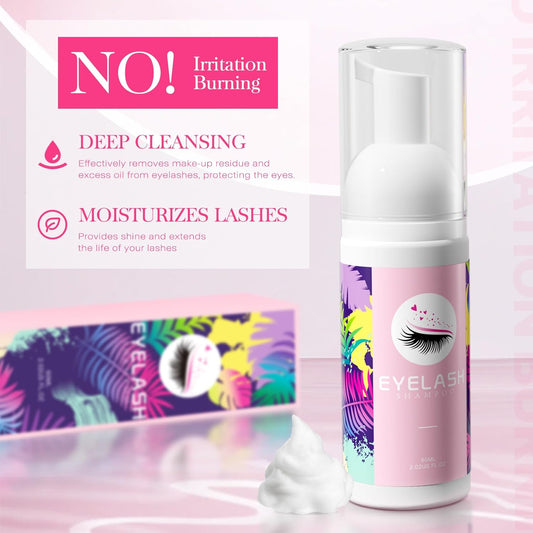 Buqikma Lash shampoo for Eyelash Extension, 60Ml/2.11fl.Oz Eyelash Shampoo Kit with Lash Wash Brushes Gentle Lash Extension Cleanser for Professional Salon and Home Eyelash Care